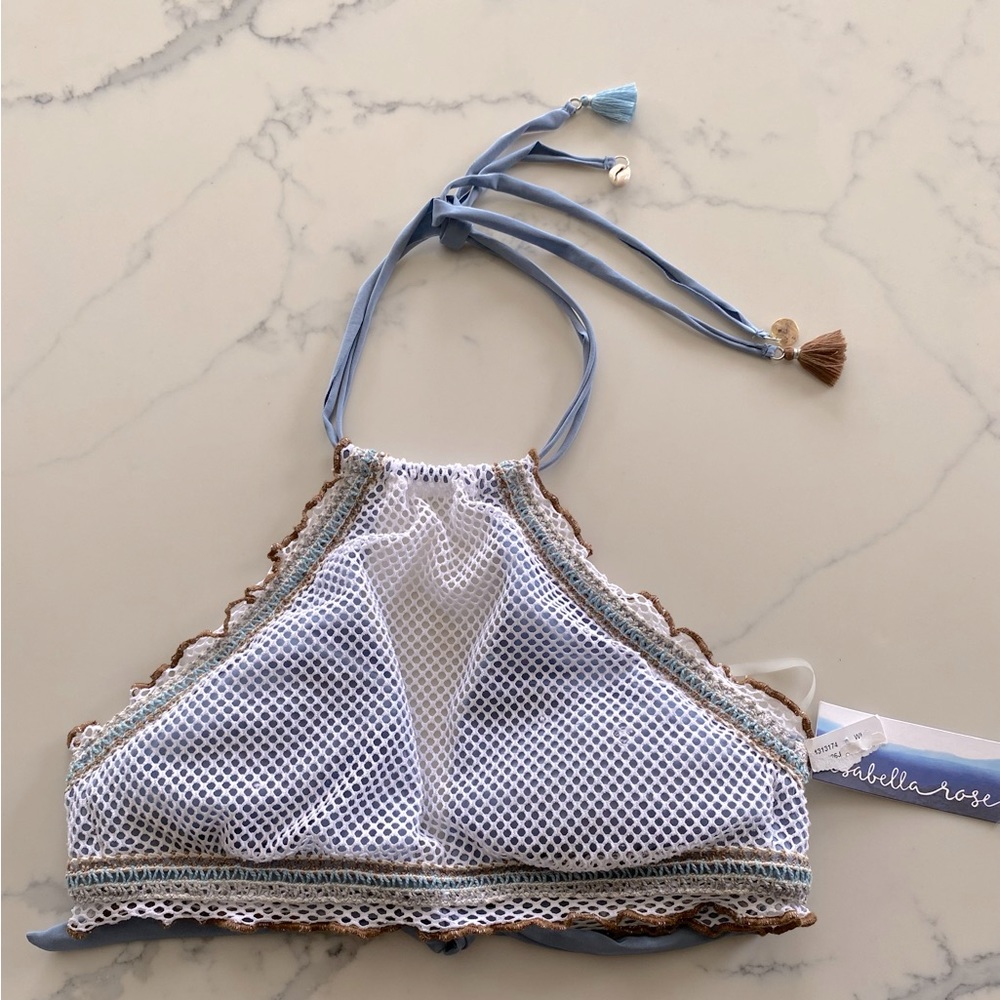 ISABELLA ROSE | NWT-Mesh Bikini top. Size Large. White and blue unique design.